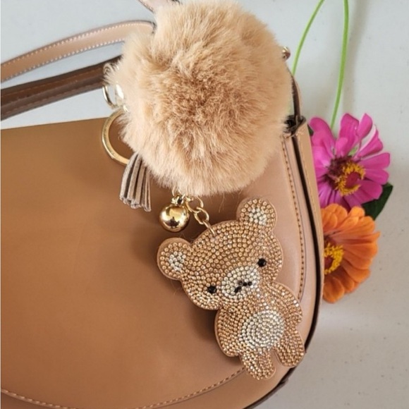 Cute Rhinestone Bear Keychain with Pom Pom - Picture 2 of 2